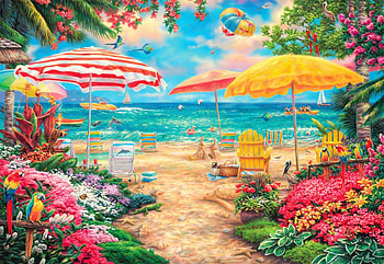 Perfect Day at the Beach, umbrellas, flowers, sea, artwork, painting, trees HD wallpaper