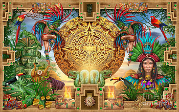 Aztec Mayhem Montage, digital, parrots, toucans, natives, lion HD wallpaper