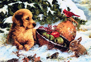 Waiting for Christmas, dog, artwork, painting, snow, christmas tree, cardinals HD wallpaper