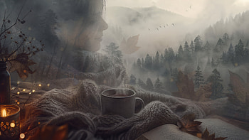 Sweater Weather — Mist & Cocoa in the Pines, Mug, Blanket, Forest HD wallpaper