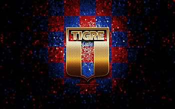 CA Tigre, glitter logo, Primera Nacional, blue red checkered background, soccer, argentinian football club, CA Tigre logo, mosaic art, football, Tigre FC, Club Atletico Tigre HD wallpaper