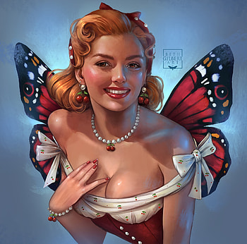 Crimson wings, crimson, art, butterfly, beth gilbert, red, girl, wings, jewel, fairy, fantasy HD wallpaper
