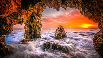 Sunset at the cave, colors, sea, sky, rocks, clouds HD wallpaper