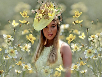 Soft Yellow, yellow, green, soft, girl, flowers, dress, hat, butterflies, delicate, lovely HD wallpaper