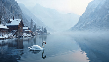 — Swan on a Snowbound Mountain Lake, landscape, snow HD wallpaper