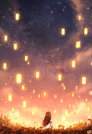 Anime, Grass, Art, Lights, Lanterns, Girl HD phone wallpaper