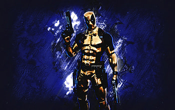 Fortnite Gold Deadpool Skin, Fortnite, main characters, blue stone background, Gold Deadpool, Fortnite skins, Gold Deadpool Skin, Gold Deadpool Fortnite, Fortnite characters HD wallpaper