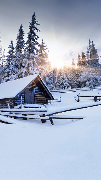 Winter forest wonderland, Snow-covered mountains, Cozy village houses, Enchanting landscape HD phone wallpaper