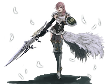 Final Fantasy XIII-2~ Lightning's Outfit, feathers, sword, weapon, final fantasy xiii-2, lightning farron, armor HD wallpaper