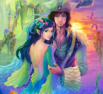Mermaid And The Pirate, colorful, mermaid, fantasy, man, trees, sunset HD wallpaper