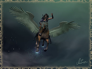 Sky Rodeo, lady warrior, horse, winged, rodeo, fantasy, sky HD wallpaper