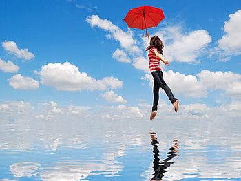 Water, Clouds, Miscellanea, Miscellaneous, Flight, Girl, Umbrella, Mood HD wallpaper