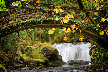 Autumn leaves, Trees, Bridge, Arch, Stones, Forest, Waterfall HD wallpaper