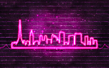 Tokyo purple neon silhouette, , purple neon lights, Tokyo skyline silhouette, purple brickwall, japanese cities, neon skyline silhouettes, Japan, Tokyo silhouette, Tokyo HD wallpaper