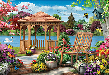 Floral Fantasy, gazebo, sky, flowers, park, lake, chair, birds, artwork, butterflies, digital, clouds HD wallpaper