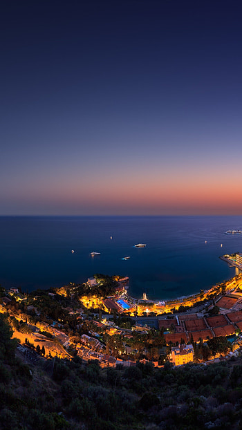 principality Monaco, Vista Palace Hotel, Twilight night sky, Travel vacation HD phone wallpaper
