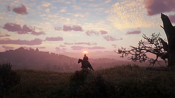 Red Dead Redemption 2 - Colorful view, Arthur Morgan, cowboy, sun, silhouette, sunset, video game, Red Dead Redemption 2 HD wallpaper