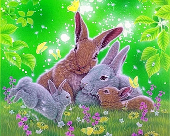Living Together, rabbits, paintings, spring, love four seasons, family, animals, green, butterfly designs, flowers HD wallpaper