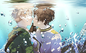 Underwater, aph, Hetalia Axis Powers, kissing, Hetalia, UK aph, anime, short hair, water, Japan aph, manga, male HD wallpaper