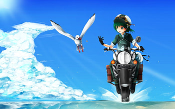Riding, kid, anime, bird, food HD wallpaper
