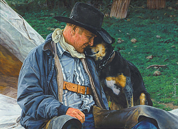 Friends For Life, dog, cowboy, painting, friends HD wallpaper