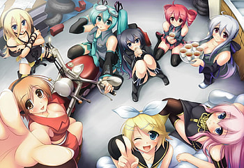 Vocaloid Girl's Bike Shop, haku, awesome, motorcycle, ova, nice, coffee, aqua eyes, sexy, blue eyes, hatsune miku, meiko, twintail, black rock shooter, aqua, lily, anime, garage, hair, luka, teto, song, boxes, cute, red eyes, brs, idols, beauty, vocaloid lily, camera, thighhighs, yowane haku, program, diva, anime girls, kasane teto, pink, yellow, girls, blonde, kagamine rin, hot, skirts, headset, singer, shop, pretty, virtual, chair, tea, heads, rin, vocaloid, uniforms, miku, brown, music, vocaloids, megurine luka, bike, beautiful, starring, tie, tray, gray, red, cool, blush, micro HD wallpaper