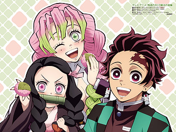 Nezuko, Mitsuri and Tanjiro, Tanjiro Kamado, Mitsuri Kanroji, Nezuko Kamado, Anime, Demon Slayer: Kimetsu no Yaiba HD wallpaper