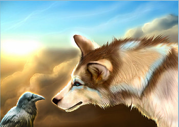 Friends, crow, painting, animals, wolf HD wallpaper