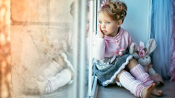 Cute Little Girl Is Sitting With Toy Near Glass Door Wearing Pink Ash Dress Cute HD wallpaper