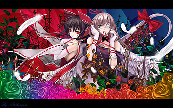 Champ de roses, cute, long hair, dress, beauty, nice, rose, feather, abstract, flower, eye patch, maiden, female, sexy, sweet, ribbon, red eye, hot, blue eye, girl, beautiful, anime girl, anime, pretty, brown hair, touhou, girls HD wallpaper