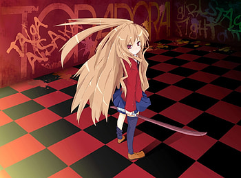 Taiga Aisaka, Anime Girl, Red Eyes, Toradora, Anime, Wild Hair, Seifuku, Katana, Taiga, Aisaka, Sword, graffitti, School Uniform, Blonde, Long Hair, Big Eyes HD wallpaper