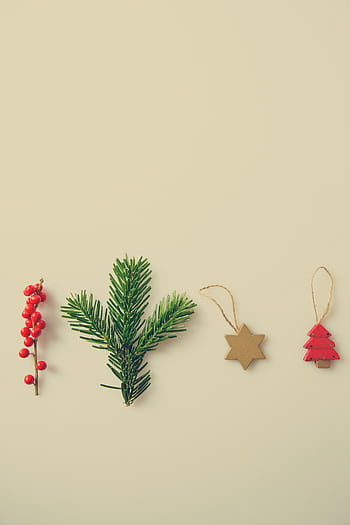 A minimalist arrangement of Christmas decorations with evergreen branch and ornaments. HD phone wallpaper