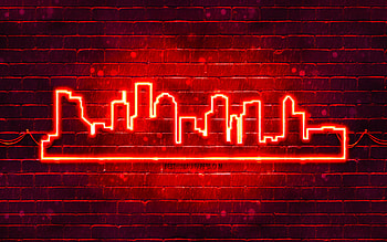 Houston red neon silhouette, , red neon lights, Houston skyline silhouette, red brickwall, american cities, neon skyline silhouettes, USA, Houston silhouette, Houston HD wallpaper
