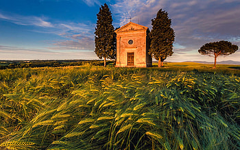 Tuscany Chapel, trees, clouds, fields, landscape, sky, italy, sunset HD wallpaper