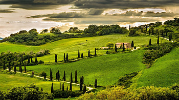 home on a hill in umbria italy, hills, house, clouds, trees, grass HD wallpaper