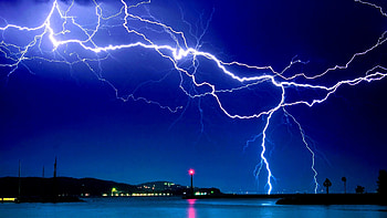 DRAMATIC LIGHTNING, night, Lightning, skyline, cities, waterscapes, sky HD wallpaper
