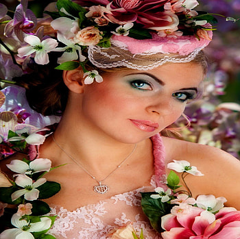 FLOWERS ALL OVER.., colorful, model, smile, eyes, colors, absolute, beauty, woman, face, flowers, lips, lovely HD wallpaper