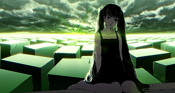 hatsune miku, ciel, black, black hair, long hair, black eyes, drees HD wallpaper