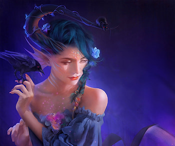 Fantasy girl, blue, frumusete, jason lan, bird, art, gorgeous, raven, superb, crow, fantasy, luminos HD wallpaper