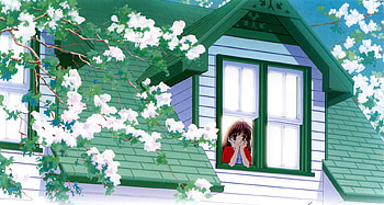 View at the window, cute, long hair, roof, flower, kid, female, white, children, house, girl, brown eye, tree, anime girl, plant, anime, green, building, brown hair, child HD wallpaper