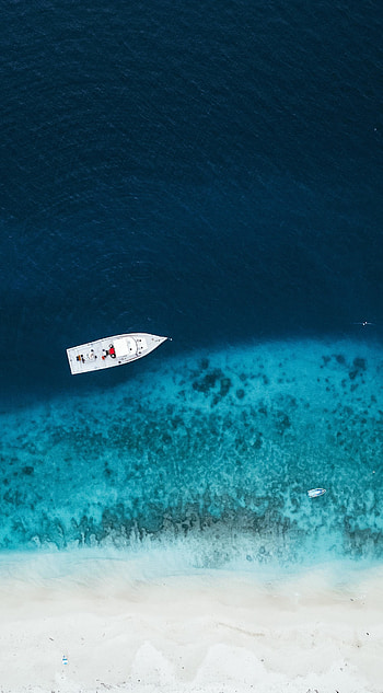 Drone shot, boat, blue sea, beach HD phone wallpaper