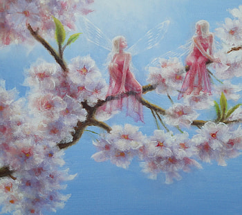 Time to Let Go, blue, lynne bellchamber, girl, spring, fairy, pink, painting, fantasy, flower, luminos, blossom HD wallpaper