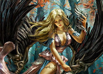 Valencia, blue, blonde, angel, feather, game, autumn, legend of the cryptids, wings, art, girl, dark, demon, tree, woman, fantasy, leaf, anotherwanderer, forest HD wallpaper