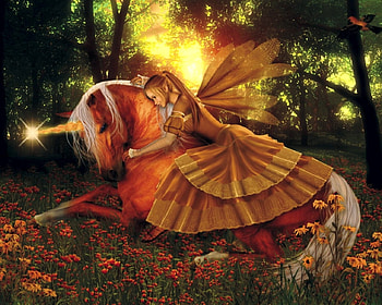 Magical Unicorn, fairy, artwork, horse, lights, trees, flowers, woman, sunset HD wallpaper
