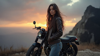 Motorcyclist Girl Taking A Break, artist, artwork, art, digital-art, ai, bike, sunset, deviantart HD wallpaper