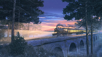 Night express, blue, night, fantasy, aet, bridge, express, train, sunset, arsenixc HD wallpaper