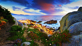 Carmel Bay from Pescadero Point, Pebble Beach, California, sky, sunset, sea, clouds, rocks, usa HD wallpaper