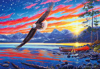 Star-Spangled Sunset, artwork, painting, eagle, trees, colors, sky, sun, lake, boat HD wallpaper