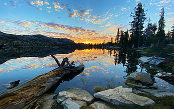 Desolation Wilderness - Middle Velma, California, colors, stones, lake, reflections, usa, trees, sky, water, sunset HD wallpaper