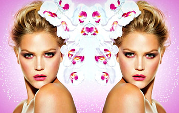 Esti Ginzburg, white, by cehenot, model, blonde, girl, beauty, woman, collage, pink, flower, orchid HD wallpaper